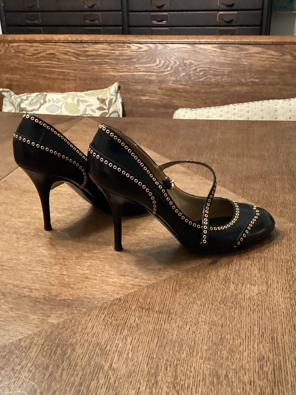 Sergio Rossi Black Mary Jane Heels with Gold Eyelet Trim